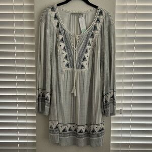 Daniel Rainn Cream Tunic with Black Geometric Embroidery and Tassel